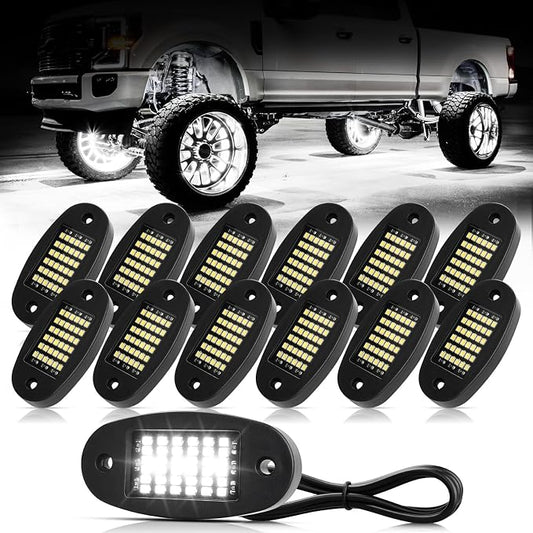 Hovano 12 Pods White Rock Lights 6000K Pure White 36 LEDs SMD Chips Super Bright Neon Underglow Light IP68 Waterproof for Pickup Trucks SUV UTV ATV RZR Car Boats (White)