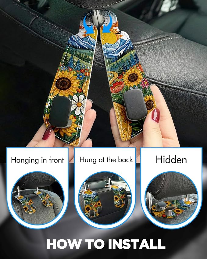 WOCOCN Purse Holder for Car, 2 Pack Heavy Duty Purse Hanger for Car, PU Leather Car Seat Hooks for Purses and Bags, Cute Sunflower Headrest Organizer for Handbags & Backpacks