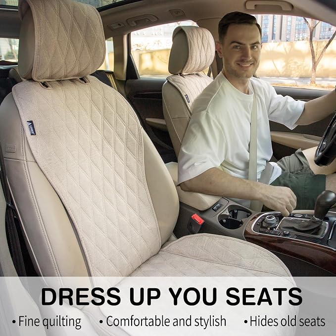 Leader Accessories 2pcs Sideless Front Seat Covers for All Seasons, Beige | Breathable Faux Linen Seat Cushions, Non-Slip Bottom With Headrest Protectors, Universal Fit For Car Van SUV Pickup Truck