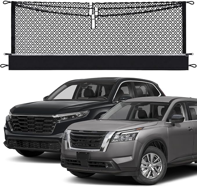 3-Layer Cargo Net for Nissan Pathfinder 2022-2026 | Zipper Bag Trunk Net for SUV, Heavy Duty Oxford Cargo Organizer Storage Nets with Carabiners for Camping, Groceries