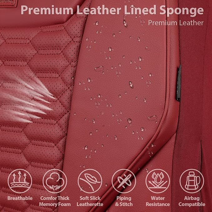 CAR PASS 3D Foam PU Leather Car Seat Covers Full Set,Luxury Breathable Faux Leather Seat Covers for Car,Anti Slip Universal Fit for SUVs Vans Sedan Trucks Automotive,Armrest Airbag Compatible Burgundy