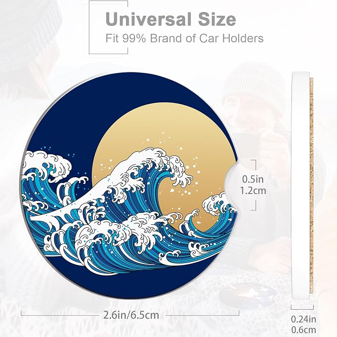 Great Wave Car Cup Holder Coaster,Japan Ocean Sunset Car Coasters for Cup Holder,2 PCS Absorbent Insert Ceramic Car Assecories with Cork Back & Finger Notch for Women Men