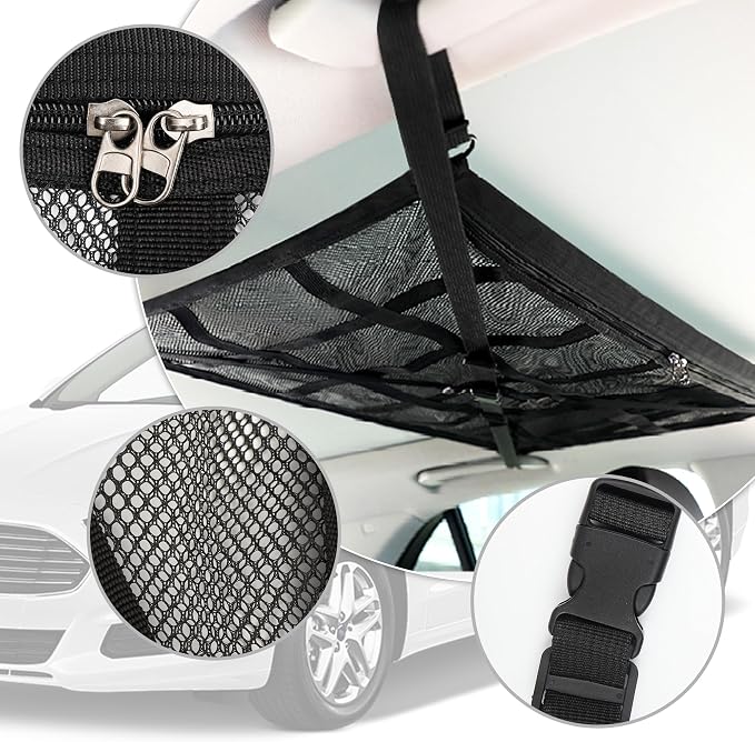 Car Ceiling Cargo Net with 2*Headrest Hook,Large Capacity Anti-Fall Cargo Net for Inside Car Roof Keeps Cars Interior Tidy,Universal Ceiling Cargos Nets for Mid & Large Cars/SUVs