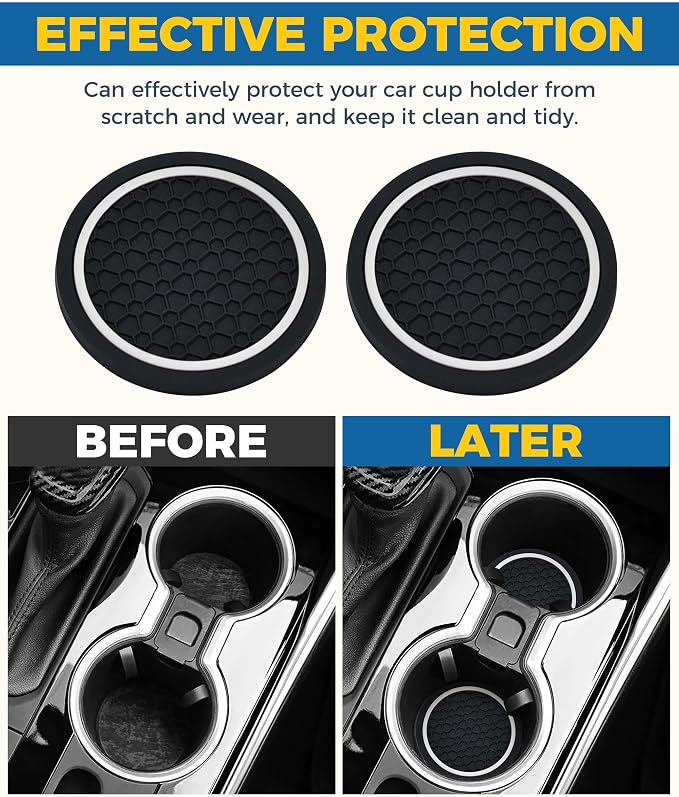 4PCS Car Coasters, Car Accessories Interior, 2.75 Inch Non-Slip PVC Round Coasters for Cup Holders, Black