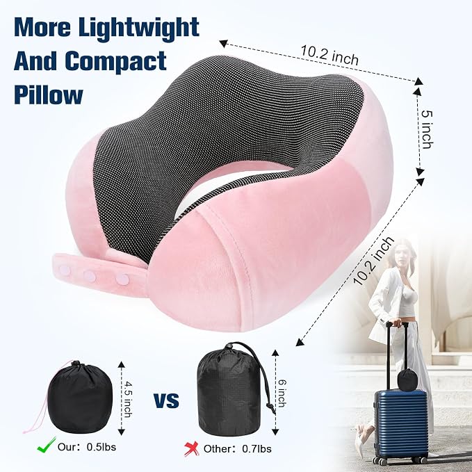 Cirorld Neck Pillow for Traveling, Travel Pillows for Airplanes,100% Pure Memory Foam Travel Neck Pillow, Adjustable Flight Pillow, Portable Plane Accessories with Eye Mask, Earplugs, Carry Bag