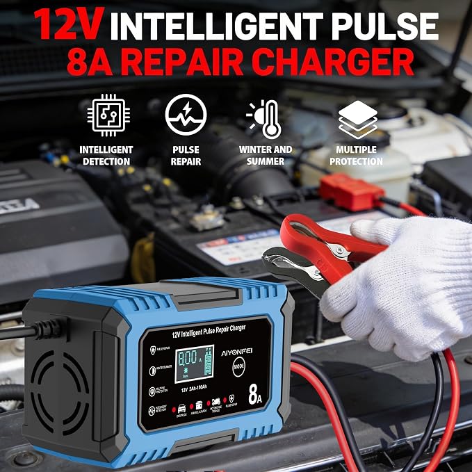 12V Battery Charger 8-Amp Smart Trickle Charger, Blue | Battery Maintainer and Desulfator, Temperature Compensation, for Car, Truck, SUV, Motorcycle, Boat, Lead Acid, LiFePO4