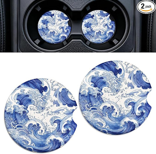 Car Cup Holder Ceramic Coasters 2 Pack, 2.56 in Anti Slip Absorbent Coaster with Cork Base and Finger Notch, Funny Cute Car Accessories Interior for Women, Sea Wave
