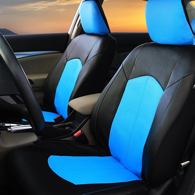 FH Group Automotive Seat Cover Highest Grade Faux Leather Blue Black Full Set, Combo Car Seat Cover Design Airbag Compatible Split Bench Tan Car Seat Cover Interior Accessories Universal Fit SUV