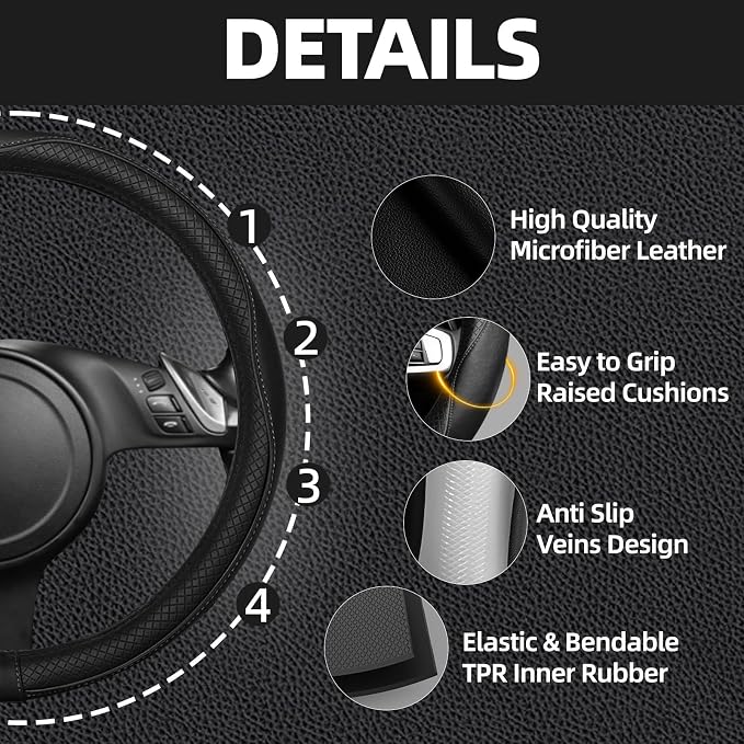 NBTEPEM Microfiber Steering Wheel Cover and Waterproof Car Floor Mats, Universal Fit Most Truck, SUV, Cars, 14.5-15inch Sporty Steering Wheel Covers with Anti-Slip Lining (Black with Black line)