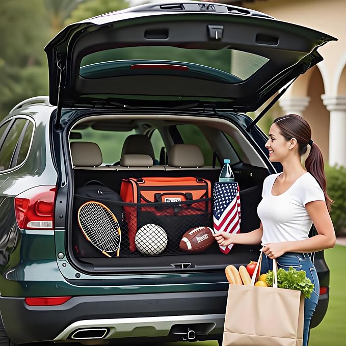 BAILALIBO Cargo Net with Metal Hooks, 43.3x15.8 in | Elastic stretchable mesh, adjustable for SUV/truck/jeep, universal fit, secure trunk storage, heavy-duty for car exterior