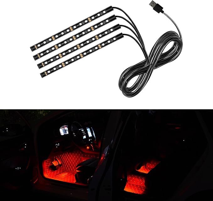Car LED Strip Light, 48 LED 12V USB Port, Red | RGB Neon Auto Interior Atmosphere Lights, Under Dash Ambient Night Light, Universal Decorative Lamp Accessory for Car Truck
