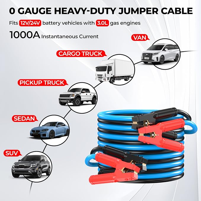 0 Gauge 25 Feet Jumper Cables Heavy Duty for Car, 1000 Amp Automotive Booster Battery Jumper Cables for SUV and Trucks with Carry Bag, Gloves, Brushes