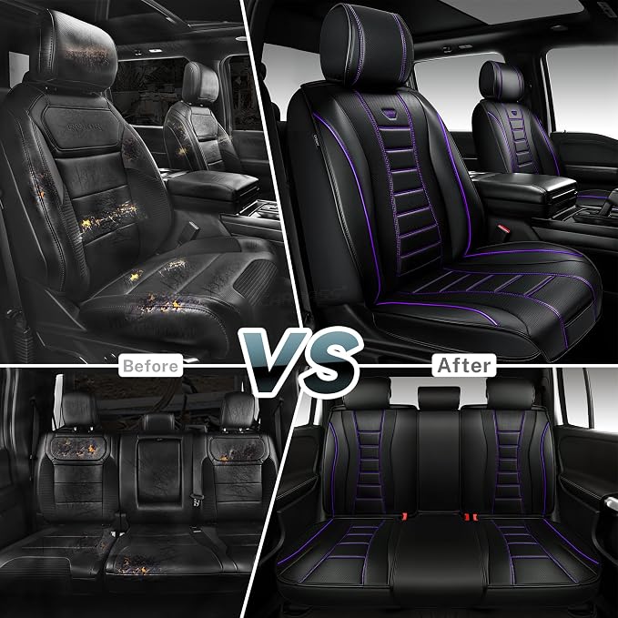 CAR PASS Universal Fit Piping Leather Seat Covers for Cars SUV Truck, Waterproof Nappa Leather Car Seat Covers Full Set, 3D Foam Seat Cover Luxury&Comfort&Durable Airbag Compatible,violet purple black