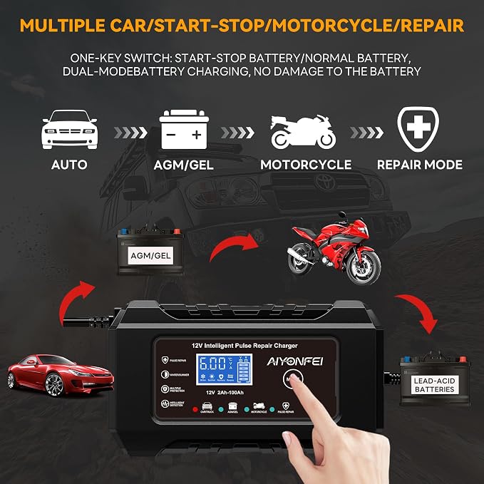 6A 12V Car Battery Charger Smart Maintainer Trickle Charger, Black | Smart Battery Desulfator, Temperature Compensation, for Car Truck Motorcycle, Lawn Mower Marine