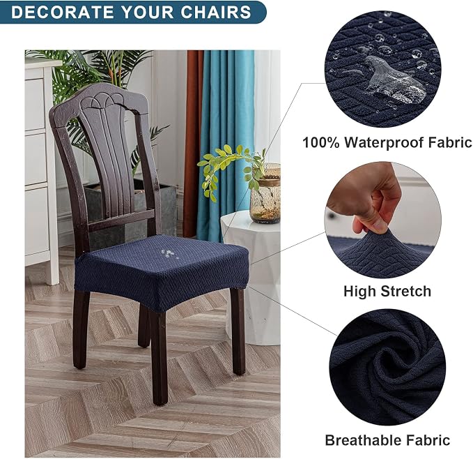 Genina Waterproof Seat Covers for Dining Room Chair Covers Waterproof Dining Chair Covers (2 PCS-Rear-gapped, Navy Blue)