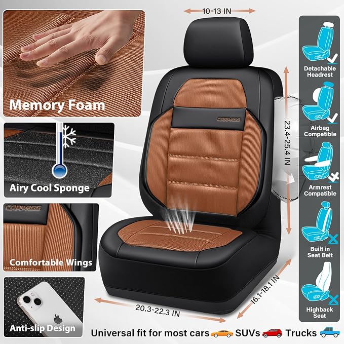 CAR PASS Memory Foam Seat Covers Front, Airy Cool Mesh Thick Car Seat Covers, Leather Car Seat Covers Front Seats Airbag Compatible, Universal Automotive Comfort for Most Cars, Trucks, SUV, Brown