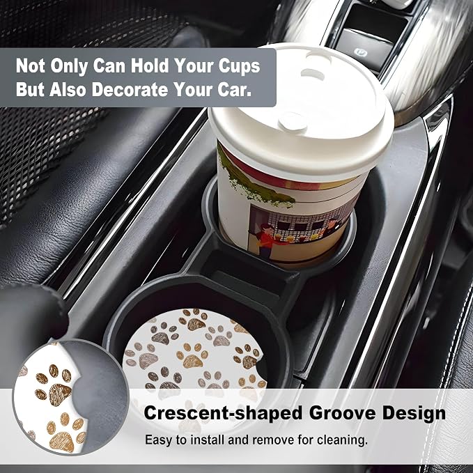 2 Pack Car Coasters for Cup Holders, 2.56" Universal Absorbent Ceramic Stone Car Cup Holder Coasters with Non-Slip Cork Base, Car Interior Accessories for Women Men(Dog paw Print)