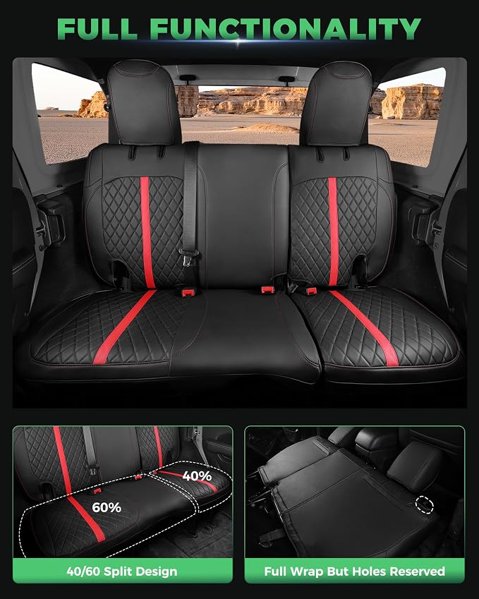 for Jeep Wrangler Seat Covers 4Door JK 2013 2014 2015 2016 2017, Custom Car Seat Cover Full Set, Luxury Leather Seat Protectors, Waterproof SUV Interior Cushions Accessories, Black Red Trim