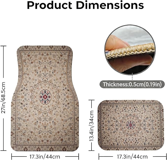 Vintage Persian Mat Car Floor Mats-Non-Slip Rubber Backing,Front (26.8x17.3in) & Rear (13x17.3in) Set-Water Absorbing, Durable Automotive Floor Liners with Stylish Patterns