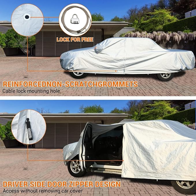 Tecoom Truck Car Cover Waterproof, 3-Layer Pickup Cover with Fleece Lining & Zipper Door/Lock, Outdoor Snow Rain All Weather Protection, Universal Fit Regular/Extended/SuperCrew Cab