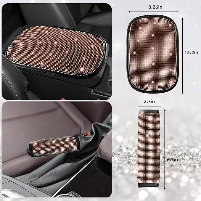 NBTEPEM 30 Pcs Bling Car Accessories Set for Women, Steering Wheel Cover Set, Bling Console Cover, Seat Belt Cushion, Shift Knob Cushion, Cup Coaster, Rhinestone Car Hanging Accessories (Champagne)