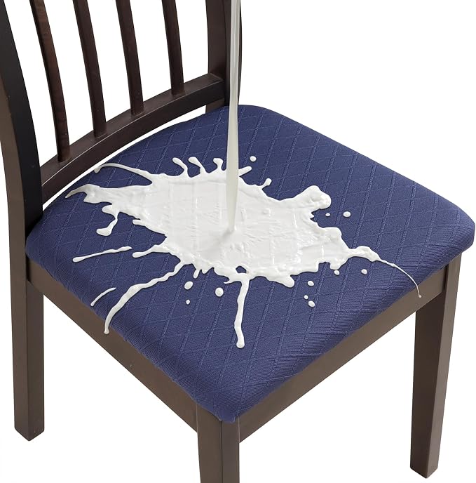Fuloon Waterproof Seat Cushion Covers 4 PCS, Stretch Jacquard Chair Seat Covers Washable Dining Room Chair Slipcovers Removable Kitchen Cushion Protector (4, Waterproof-Navy Blue)