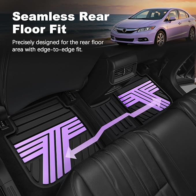 Rubber Floor Mats for Honda Civic Sedan 2012-2015 (Not for Coupe) | All Weather Heavy Duty Car Mats Fit for Civic, 1st & 2nd Row, Black & Purple