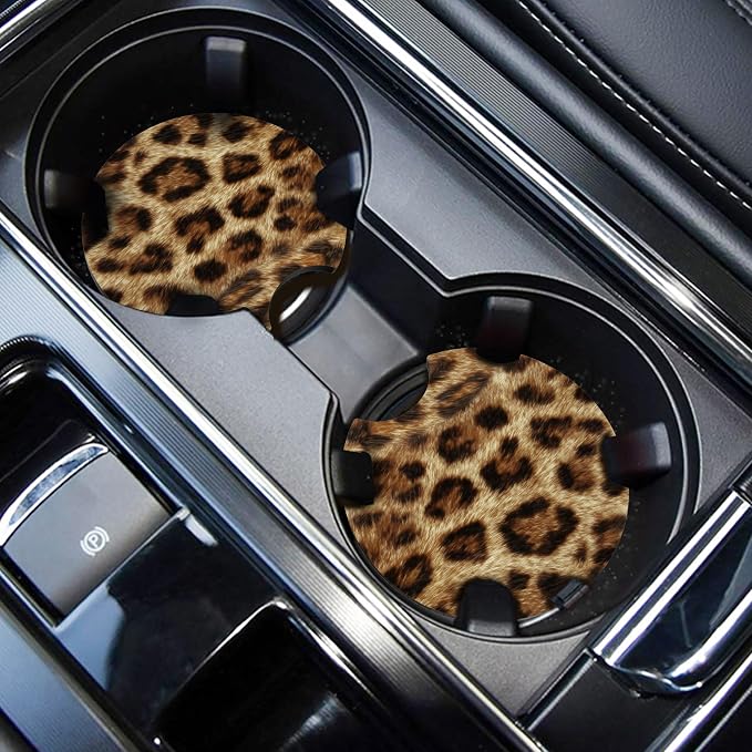 WOCOCN Car Coasters,Cup Holder Coasters for Car,2.75inch Anti Slip and Absorbent,Cute Automotive Interior Accessories for Cup Holder,Pack of 2 (Brown Leopard Print)
