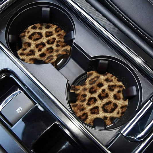 WOCOCN Car Coasters,Cup Holder Coasters for Car,2.75inch Anti Slip and Absorbent,Cute Automotive Interior Accessories for Cup Holder,Pack of 2 (Brown Leopard Print)