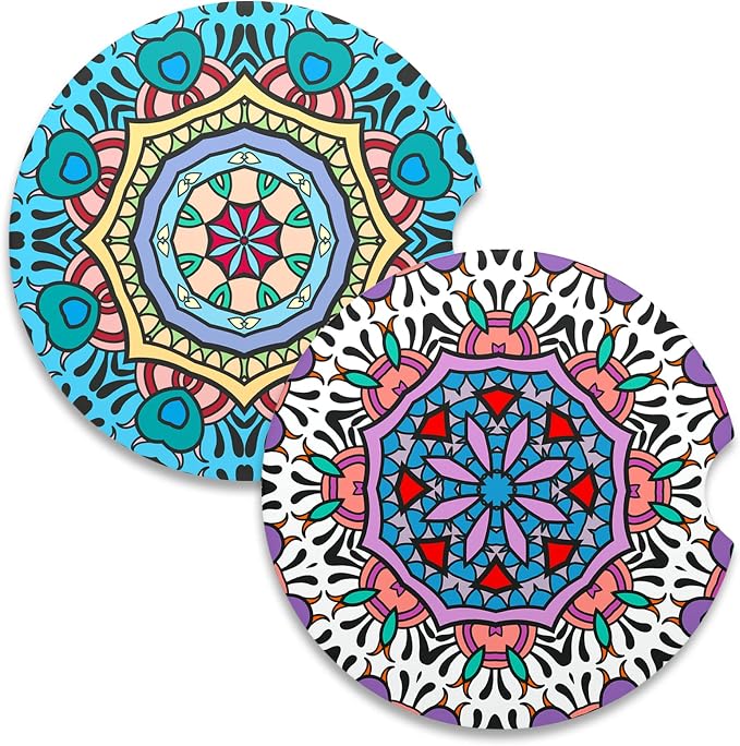 Nipichsha Car Coasters for Cup Holders, 2 Pack Absorbent Ceramic Car Cup Holder Coaster for Drinks, Cute Auto Assecories for Women Men, Size 2.56 in with Finger Notch & Cork Base, Mandala
