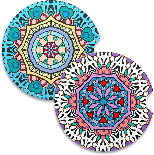 Nipichsha Car Coasters for Cup Holders, 2 Pack Absorbent Ceramic Car Cup Holder Coaster for Drinks, Cute Auto Assecories for Women Men, Size 2.56 in with Finger Notch & Cork Base, Mandala
