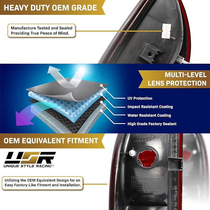 USR 97-04 Dakota PickUp Tail Light – Rear Tail Lamps (Left + Right) Pair - Compatible with 1997-2004 Dodge Dakota Pick Up Truck All Models/Trims (DARK SMOKE RED TAIL LIGHTS/PLUG AND PLAY READY)