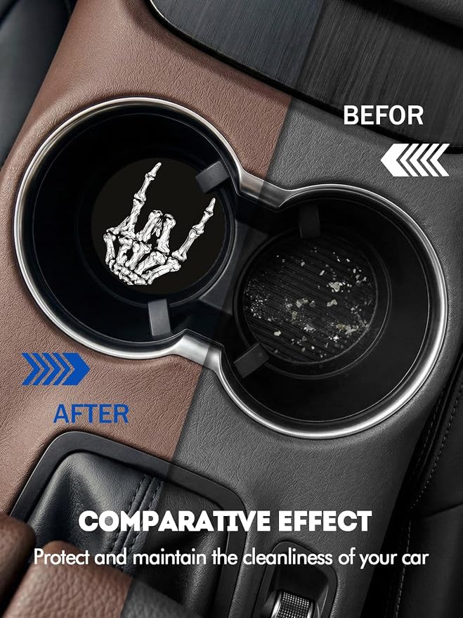 WOCOCN Car Coasters for Cup Holders - 2 Pack 2.75" Universal Rubber Car Cup Coaster, Non-Slip Waterproof Car Interior Accessories, Cute Car Decor Gifts for Women and Men (Skeleton Hand)