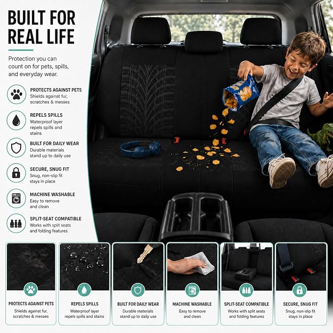 FH Group Full Set Travel Master Car Seat Covers, Airbag and Split Rear Car Seat Cover Universal Fit Interior Accessories for Cars Trucks SUV, Automotive Seat Covers,Black