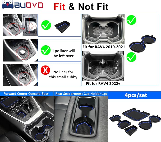 Auovo 3D Cup Holder Insert Liners Compatible with Toyota RAV4 Accessories 2025 2024 2023 2022 2021 2020 2019 Car Custom Cup Holder Mats Pads 4-pc Set (Dark Blue Trim)