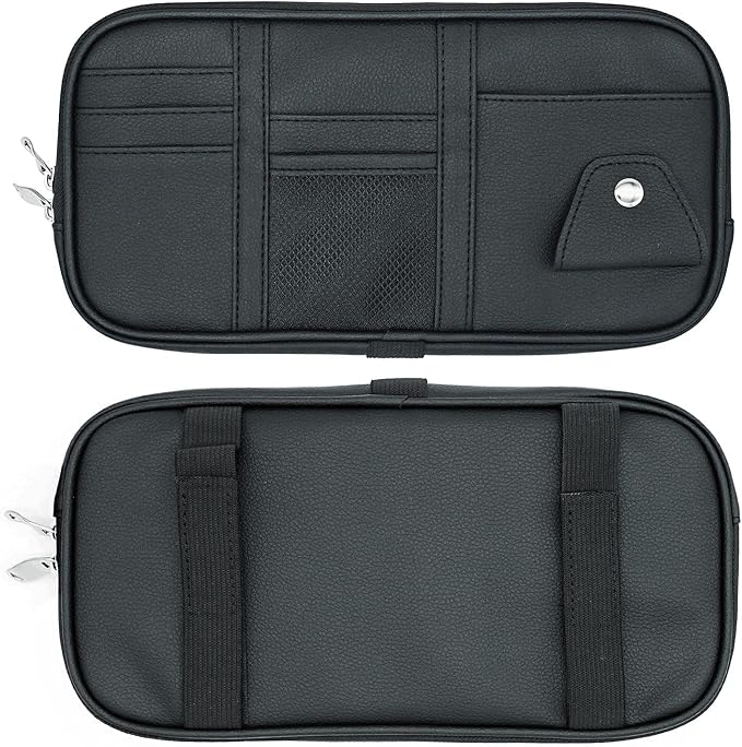 Da by Car Visor Organier Truck SUV Sun Visor Storage Pocket PU Leather Pouch Holder with Multi-Pocket Double Zipper Net Pocket, for Cards Pens Sunglasses Document (Black)