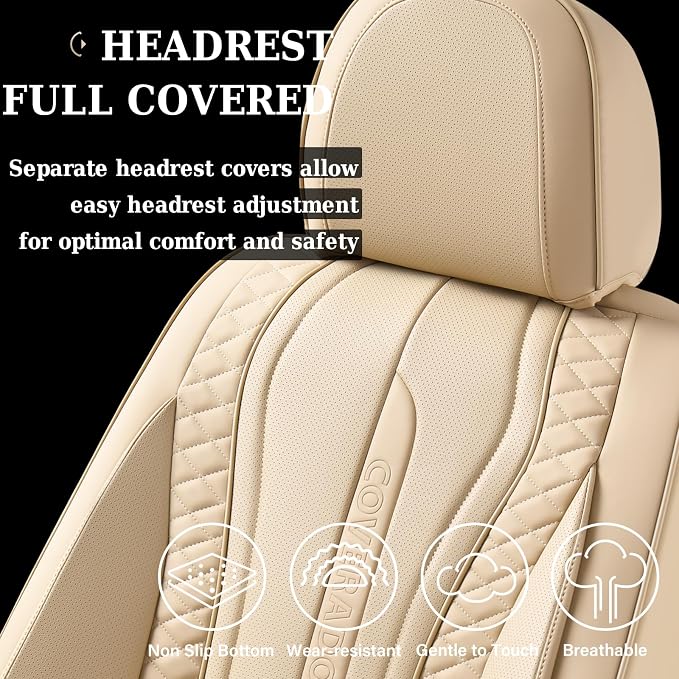 Coverado Car Seat Covers Full Set, Front Seat Cover and Back Seat Covers for Cars, Faux Leather Waterproof Seat Covers, Car Seat Protectors, Automotive Seat Covers Universal for Most Vehicles Beige