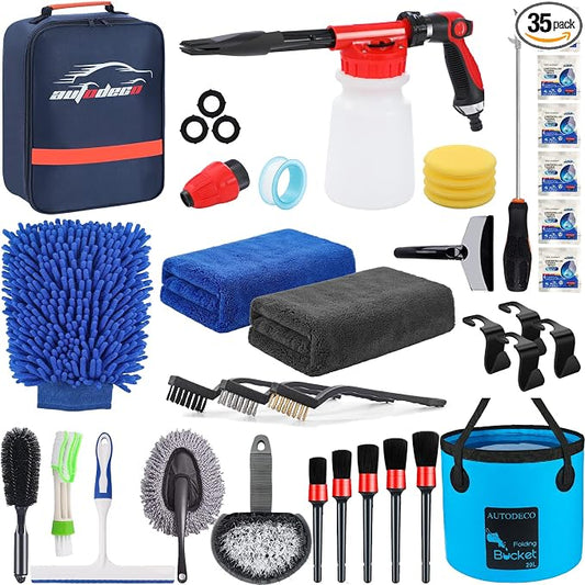 35Pcs Car Wash Detailing Kit Cleaning Kits with Foam Gun Sprayer Collapsible Bucket Brush Large Wash Mitt Towels Complete Interior Exterior Car Washing Supply Set Blue