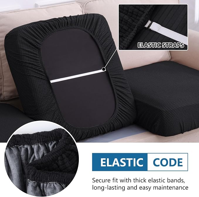hyha Waterproof Couch Cushion Covers for Pets, Non Slip Sofa Seat Cover for Dogs Washable, Soft Thick Stretch Jacquard Fabric, Sofa Slipcovers with Elastic Bottom (1 Piece for Backrest L, Black)