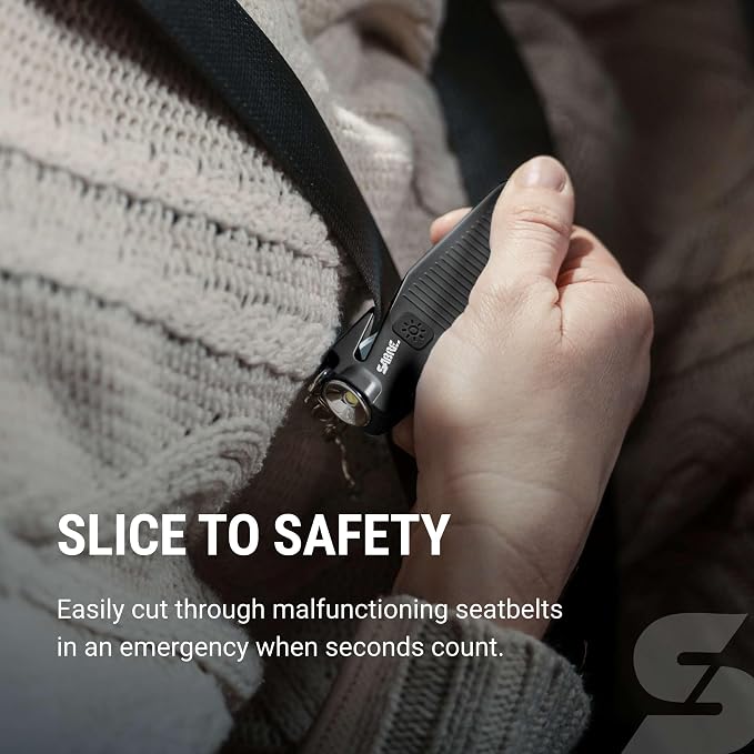 Sabre Safe Escape™ 3-in-1 Car Escape Tool for Car Safety with Spring-Loaded Window Breaker, No Swing Required, Seat Belt Cutter, LED Flashlight, Compact Auto Safety Tool for Emergencies