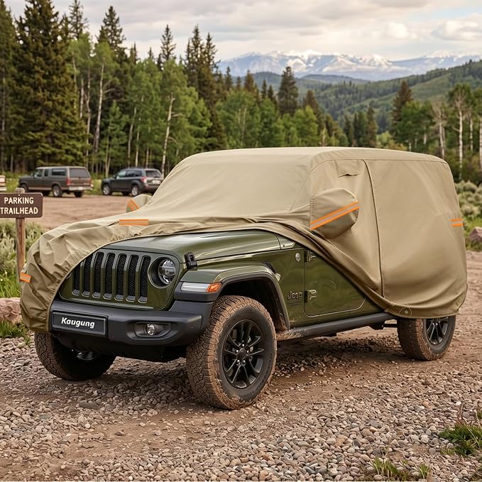Kaugung Custom Fit Car Cover for Jeep Wrangler 4 Door 4Dr Unlimited JK JL, Heavy Duty All Weather Waterproof Outdoor SUV Cover, Sun Rain UV Protection with Driver Door Zipper, Mirror Pockets & Vents