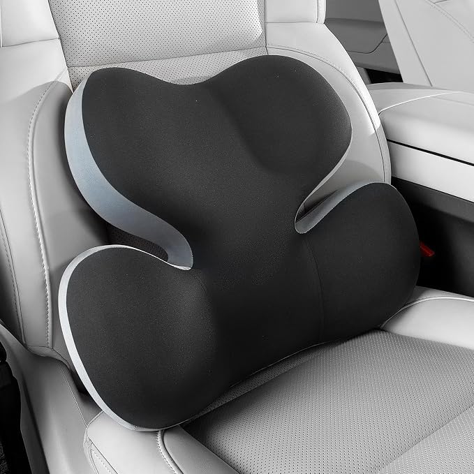 BEBAS Ergonomic Memory Foam Lumbar Support Pillow for Car, BlackGray | Zoned Pressure Relief for Back Support, Lumbar Cushion with Fixed Ring, Breathable Washable Cover, Fits Driving & Office