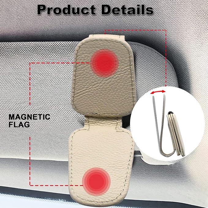 2 Pack Magnetic Leather Car Visor Sunglass Holder (Beige) | Leather Glasses Eyeglass Hanger Clip for Car, Sunglass Clip Glasses Holder for Car Visor