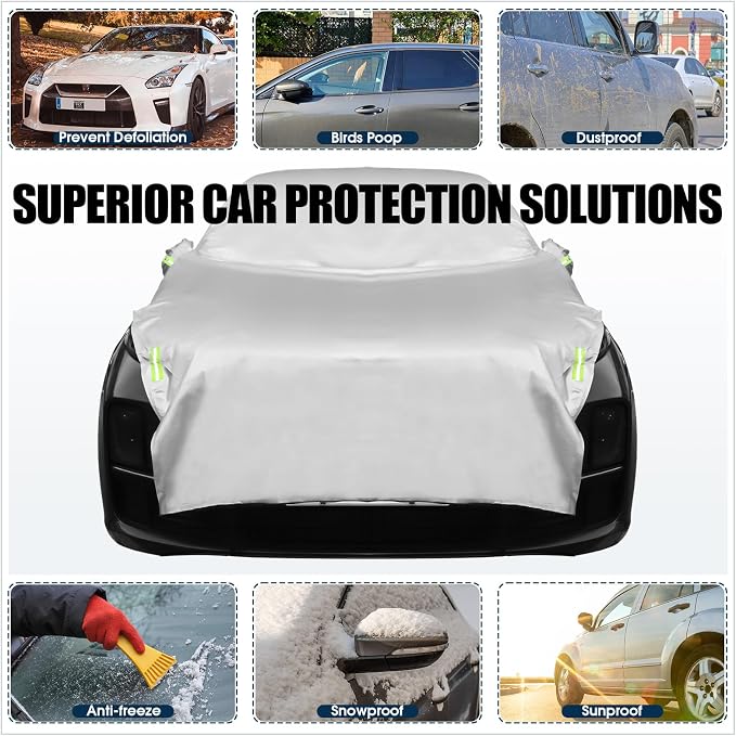 Canchiing Silver Car Half Car Cover Auto Sun Heat and UV Rays Blocker Foldable Automotive Front Windshield Sunshade Protector Easy Installation with Straps Fits Cars Sedan SUV(198" X 59",SUV)