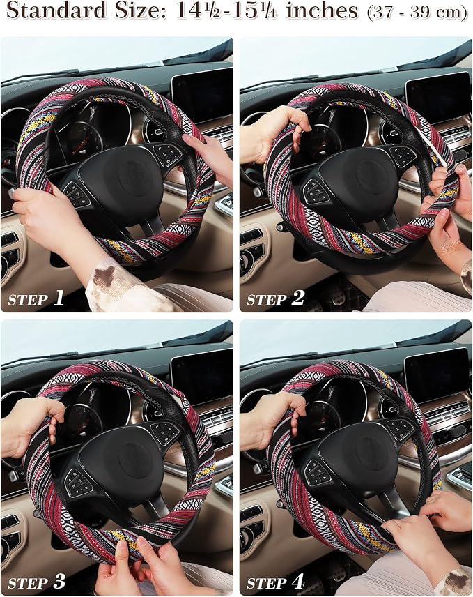 SEG Direct Boho Steering Wheel Cover, Baja Blanket Cloth, Coarse Flax | Bohemian Car Decor, Ethnic Style, Coarse Flax, Fabric Cover Fits 14 1/2-15 1/4 inches Standard Medium Size, for Women Men