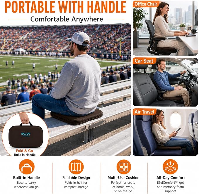 Sojoy 3-in-1 Foldable Gel Seat Cushion with Memory Foam Ergonomic Portable Cushion for Back Pain & Tailbone Relief - Perfect for Office Chair, Airplane Travel & Stadium Seats (18.5" x 15" x 2" Brown)