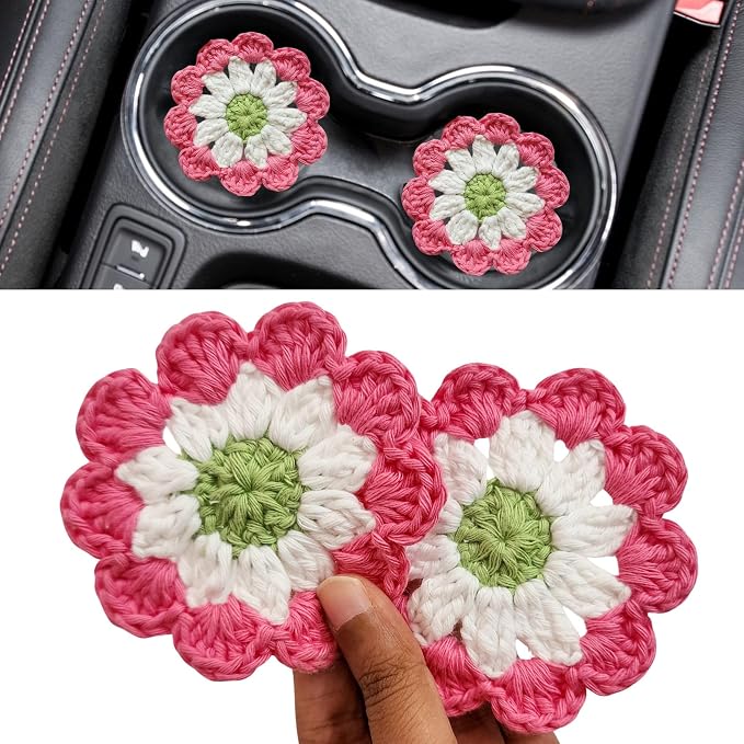 Cotton Car Coasters 2pc Car Cup Coasters Cute car Accessories for Women car Coaster for Cup Holders (Peony Pop)