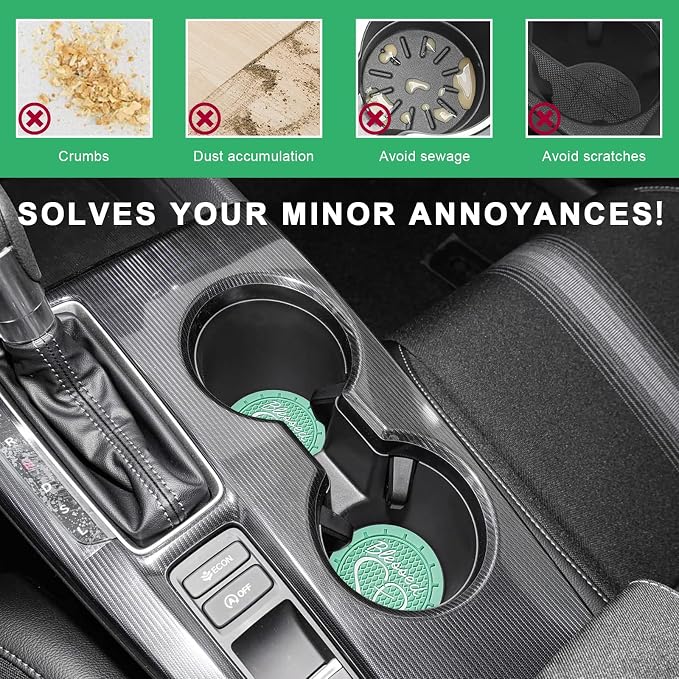 2 PCS Car Cup Holder Coaster, 2.76 Inch Non-Slip Auto Drink Mats with Blessed Cross and Heart, Shockproof Christian Cup Insert Coaster for Most Vehicles, Car Accessories (Mint Green)