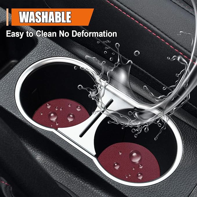 Car Cup Holder Coaster, Leather Anti-Slip Auto Cup Holder Insert Coaster, Shockproof Waterproof Drink Mat, Universal Vehicle Interior Decoration Accessories for Cars, Trucks, SUVs (Wine Red)