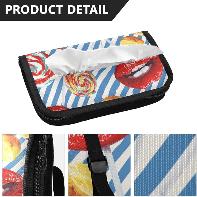 Blue Valentine Lips Lollipops Car Tissue Holder Durable Napkin Holder Hanging Tissue Holders Case Car Tissues Bag for Sun Visor Seat Back Universal Auto